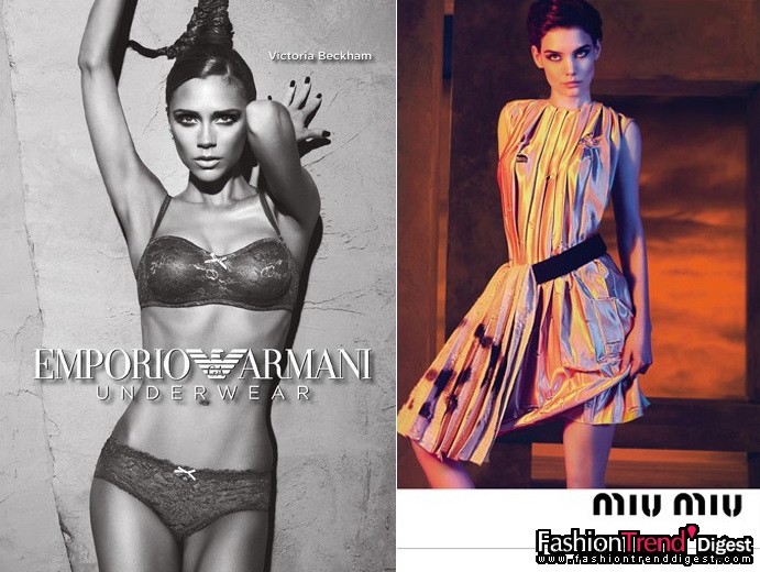 1月15日：服飾廣告的爆炸新聞：Victoria Beckham 為 Emporio Armani內(nèi)衣系列拍攝廣告，同時阿湯嫂Katie Holmes成了Miu Miu的新面孔。左圖為Victoria Beckham右圖為Katie Holmes。 
