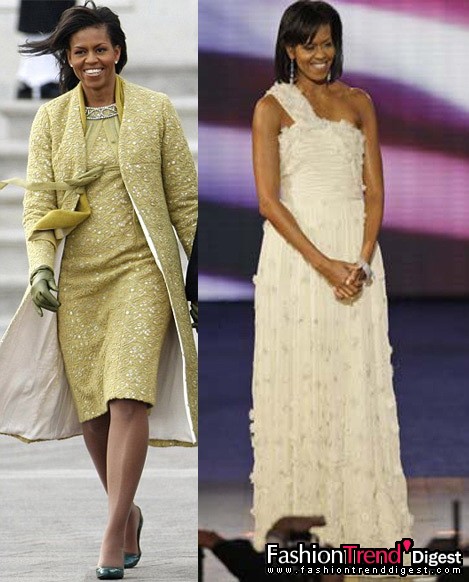 1月21日：Jason Wu和Isabel Toledo的設計因被Michelle Obama選擇為就職典禮和晚會上穿著的服裝而記入了時尚的歷史。左圖為就職典禮上的Michelle Obama，右圖為晚會上的Michelle Obama。 