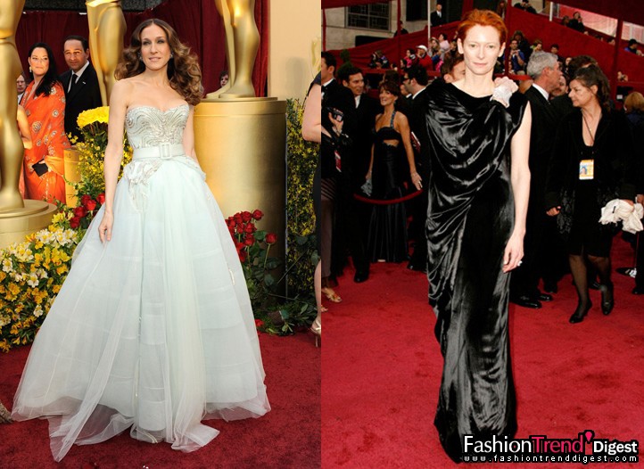 2月23日：今年的Oscar上，時尚的涇渭分明。高調奢華如穿著Dior高級定制的Sarah Jessica，低調優雅有如穿著Lavin的Tilda Swinton。左圖為Sarah Jessica，右圖為Tilda Swinton。 
